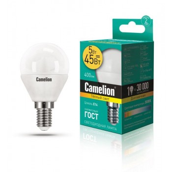 Лампа светодиодная LED5-G45/830/E14 5Вт шар 3000К тепл. бел. E14 390лм 220-240В Camelion 12027