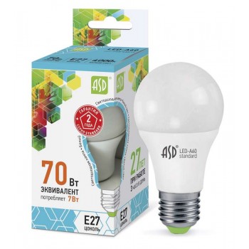 Лампа светодиодная LED-A60-standard 7Вт грушевидная 4000К белый E27 630лм 160-260В ASD 4690612001678